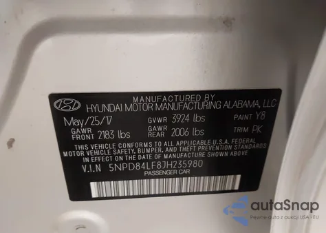 2018 Hyundai Elantra Sel z USA, uszkodzony, nr VIN 5NPD84LF8JH235980